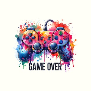 May include: A colorful watercolor illustration of a video game controller with the text "GAME OVER" underneath. The controller is pink, blue, green, and yellow.