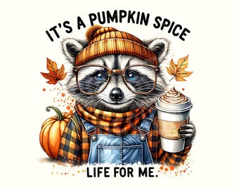 Otoño PNG, Clipart de otoño, Sublimación de otoño, Diseños de otoño PNG, Camiseta de otoño, Descarga digital, Mapache, Mapache PNG, Camiseta de mapache, Camiseta de calabaza especiada