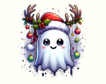 May include: A cute cartoon ghost wearing a red Santa hat with white trim and antlers. The ghost has a smiling face and is decorated with Christmas ornaments and holly. The image has a watercolor effect with colorful splashes.