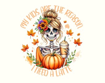 Funny Fall Pumpkin Spice Mama Mom Skeleton PNG Clipart, Digital Download