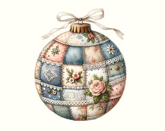 May include: A decorative Christmas ornament with a patchwork design. The ornament is a sphere, composed of various fabric squares in pastel colors, adorned with floral patterns, lace, and small buttons. A cream-colored ribbon is tied at the top.