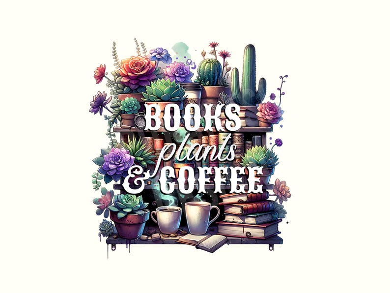 May include: An illustration featuring a bookshelf with books, plants, and coffee cups. The text "BOOKS plants & COFFEE" is displayed in white. The image includes various succulents, cacti, and colorful flowers, creating a cozy and inviting aesthetic.