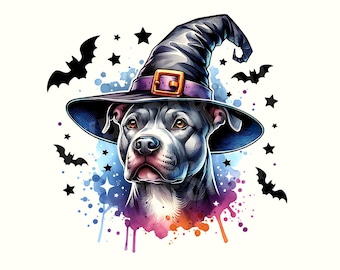 May include: A black and white pit bull dog wearing a black witch hat with a purple band and a star pattern. The dog is surrounded by a watercolor background with stars and bats.