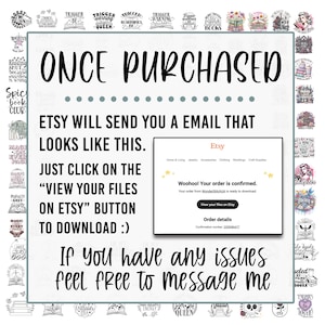 May include: A screenshot of an Etsy email confirmation showing the text "Woohoo! Your order is confirmed." and "Your order from WonderStitch is ready to download." with a button that says "View your files on Etsy". The email also includes the text "Confirmation number: 23080477".