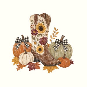 Può includere: Uno stivale da cowboy marrone decorato con girasoli gialli e fiori bordeaux, circondato da zucche arancioni, bianche e verde salvia. Ogni zucca è impreziosita da un fiocco a quadretti bianchi e neri e da foglie autunnali sparse.