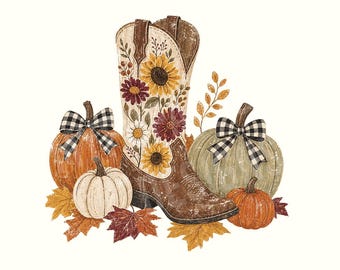 Fall Boho Western Cowboy Boots PNG, Autumn Sublimation Design for Shirt, Country Girl Trendy Png Digital File