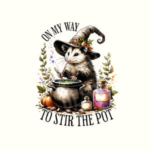 May include: A cartoon possum wearing a witch's hat stirs a cauldron with a wooden spoon. The possum is surrounded by a variety of Halloween-themed items, including a pumpkin, a bottle of potion, and a cauldron. The text "On my way to stir the pot" is written below the image.
