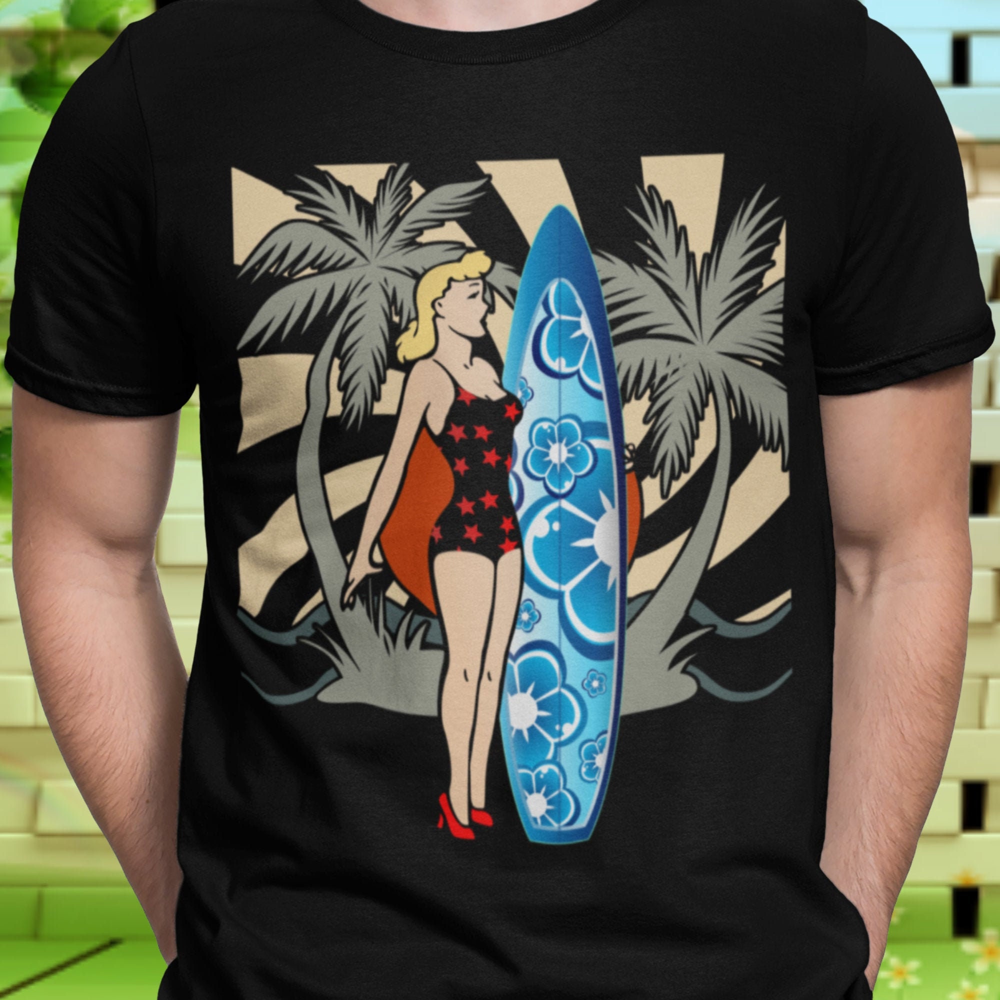 Surf Vintage Girl With Surfboard Tee Retro Beach Surfing Surfer Sunset
