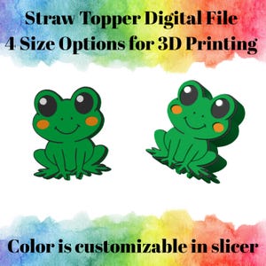 May include: Digital file for straw toppers featuring two green frog designs. The text reads "Straw Topper Digital File, 4 Size Options for 3D Printing, Color is customizable in slicer."