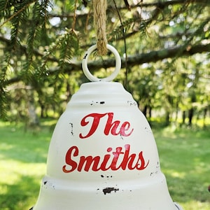 Personalized Red/White Metal Christmas Bell, Distressed Rustic Bell, Holiday Decoration, Winter Home Decor, Seasonal Decor