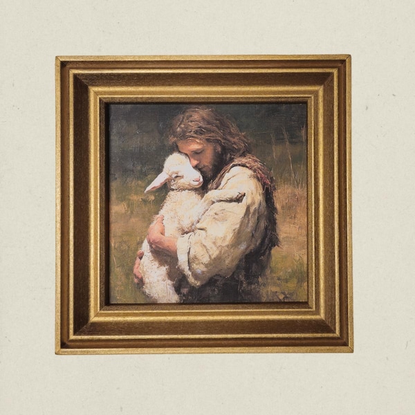 Framed Jesus holding a lamb Print, Christian Home Decor, Christmas Wall Art, The lost lamb Artwork, Good shepherd