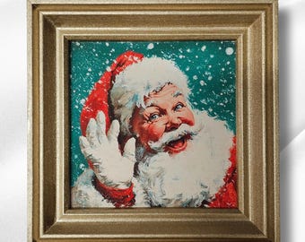 May include: A framed vintage painting of Santa Claus waving. The artwork features Santa in his red hat and coat, with a white beard and a jolly expression. The frame is gold-colored.
