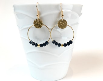 Gold hoop earrings in stainless steel, gold medallion and colorful faceted beads - LUNA model - women's gift idea