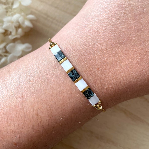 Bracelet chaîne dorée acier inoxydable et perles Miyuki Tila • Idée cadeau • Bijoux femmes • Fête des mères • Anniversaire • Modèle Arianne