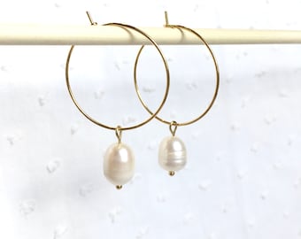 Golden hoop earrings and pearly pearl - YUE model - women's gift idea - Mother's Day, Valentine's Day - bohemian jewelry