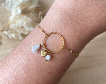 Bracelet chaîne dorée acier inoxydable, anneau et pompon • Idée cadeau • Bijoux femmes • Fête des mères • anniversaire • Modèle Andromeda