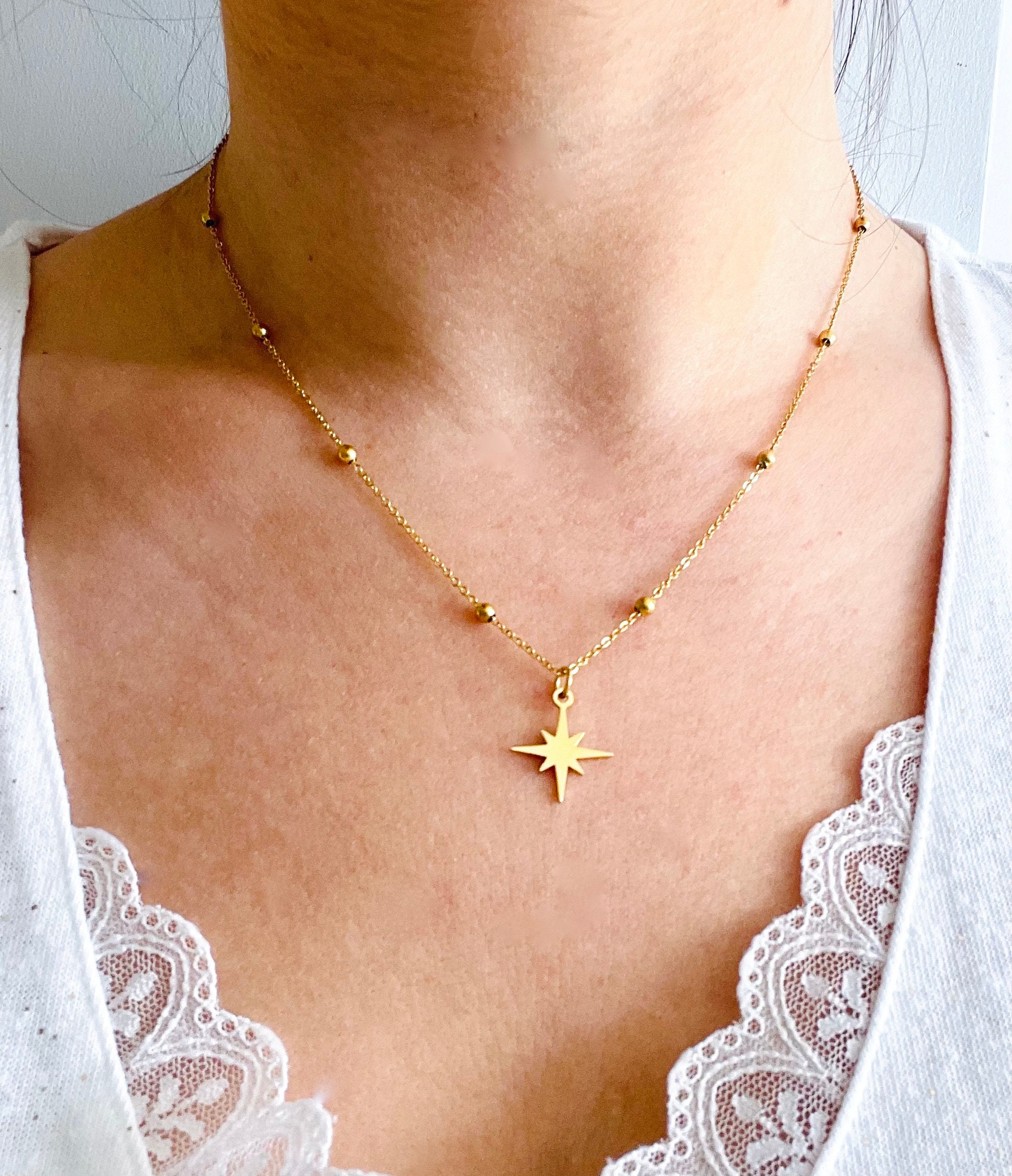 ●VVV● Star Pendant Bead Chain Surgical Necklace 23SSNK080S NYFASHION101 Stone Stud Super Bad Star Pendant w/ 4mm 36
