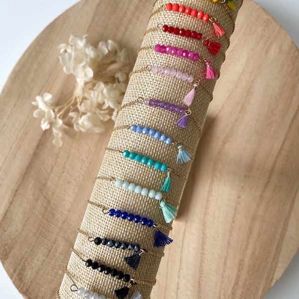 Bracelet chaîne dorée acier inoxydable avec perles et pompon • Idée cadeau • Bijoux femmes • Coloris au choix • Jewellery • Modèle Cetus