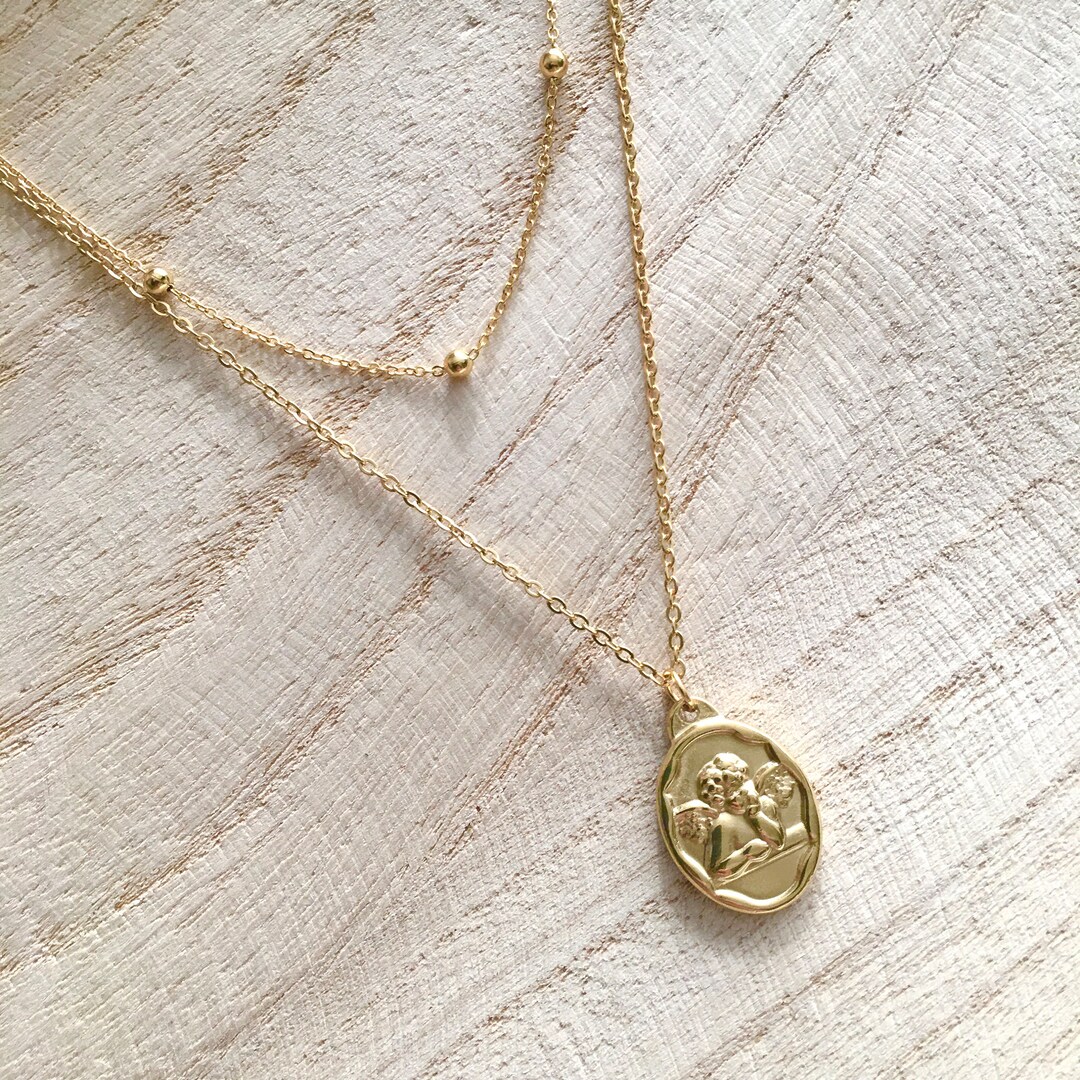 Angel Chain Gold Stainless Steel Chain Necklace With Angel Pendant Double-row ...