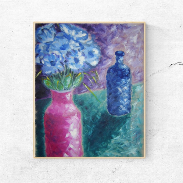 Blue Flowers Modern Printable Art, Handpainted, Digital Download, Expressive Painting, Vibrant Colors, Wall Art, Home Decoration