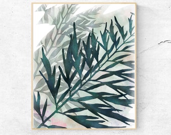 Botanical Watercolor, Printable Art, Digital Download, Leaves, Wall Art, Watercolor Painting