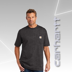 May include: A dark gray short-sleeved t-shirt with a single chest pocket and the Carhartt logo on the pocket.