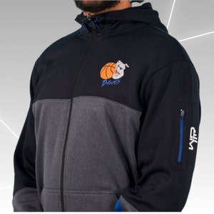 May include: Black and gray zip-up hoodie with a blue and orange basketball logo and the word "Dawgs" on the front. The right sleeve has a blue zipper pocket with the word "VIP" on it.