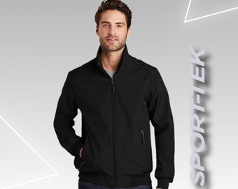 Custom Soft Shell Bomber Jacket for Men - Full Zip Black Jacket with Company Logo, Personalized Outerwear