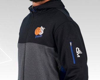 May include: A black and gray zippered hoodie with a basketball and the word "Dinosaurs" on the front. The hoodie has a blue zipper and a blue zippered pocket on the right sleeve. The text "NFL" is on the pocket.