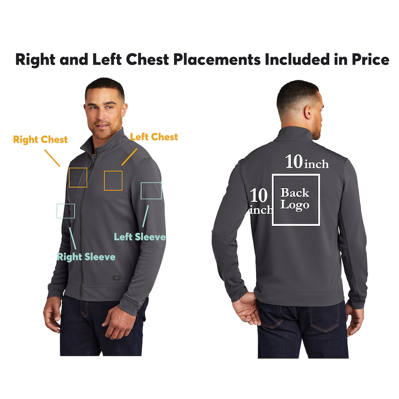 Puede incluir: Una chaqueta gris antracita con cremallera y cuello alto. La chaqueta tiene un &aacute;rea de 10 pulgadas de ancho para un logotipo en la espalda y dos &aacute;reas de 4 pulgadas de ancho para logotipos en el pecho. La chaqueta tambi&eacute;n tiene dos &aacute;reas de 4 pulgadas de ancho para logotipos en las mangas.