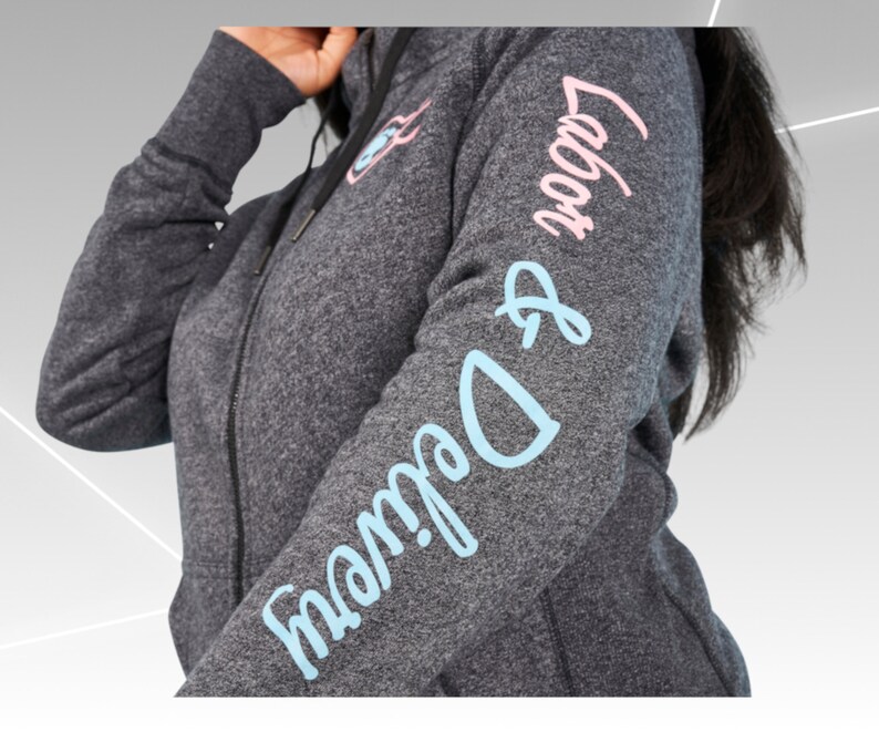 May include: Gray zippered hoodie with the text "Mama & Dada" in blue and "Love you" in pink on the sleeves.