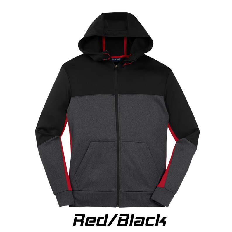 May include: A black and gray hooded sweatshirt with red accents on the sleeves and hood. The zipper is black and the sweatshirt has a kangaroo pocket.