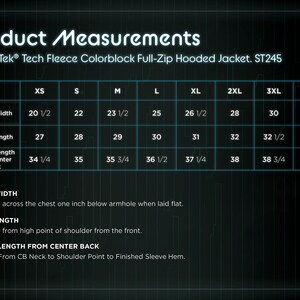 May include: Size chart for a Sport-Tek&reg; Tech Fleece Colorblock Full-Zip Hooded Jacket, style number ST245. The chart shows measurements in inches for chest width, body length, and sleeve length from center back for sizes XS through 4XL.