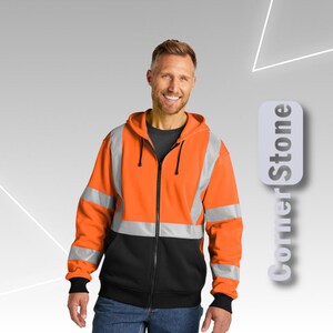 Enhanced Visibility Fleece Hoodie, ANSI 107 Class 3 Heavy-Duty Fleece Full-Zip Hoodie, Hi Vis Workwear