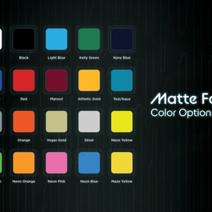 Puede incluir: Una tabla de colores que muestra 20 opciones de color diferentes para una fuente mate. Los colores incluyen blanco, negro, azul claro, verde kelly, azul marino, azul real, rojo, granate, oro atl&eacute;tico, azul verdoso/agua, gris, naranja, oro Vegas, plata, amarillo ne&oacute;n, verde ne&oacute;n, naranja ne&oacute;n, rosa ne&oacute;n, azul ne&oacute;n y amarillo laber&iacute;ntico.