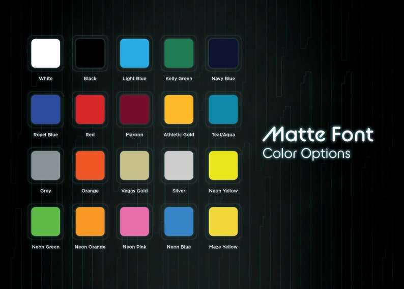 Puede incluir: Una tabla de colores que muestra 20 opciones de color diferentes para una fuente mate. Los colores incluyen blanco, negro, azul claro, verde kelly, azul marino, azul real, rojo, granate, oro atl&eacute;tico, azul verdoso/agua, gris, naranja, oro Vegas, plata, amarillo ne&oacute;n, verde ne&oacute;n, naranja ne&oacute;n, rosa ne&oacute;n, azul ne&oacute;n y amarillo laber&iacute;ntico.