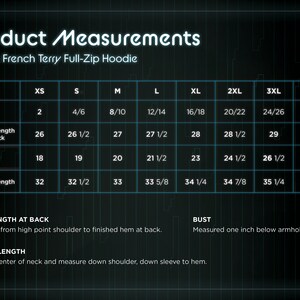 May include: Size chart for a ladies French Terry Full-Zip Hoodie, showing measurements in inches for sizes XS to 4XL. Measurements include sleeve length at back, bust, and sleeve length.