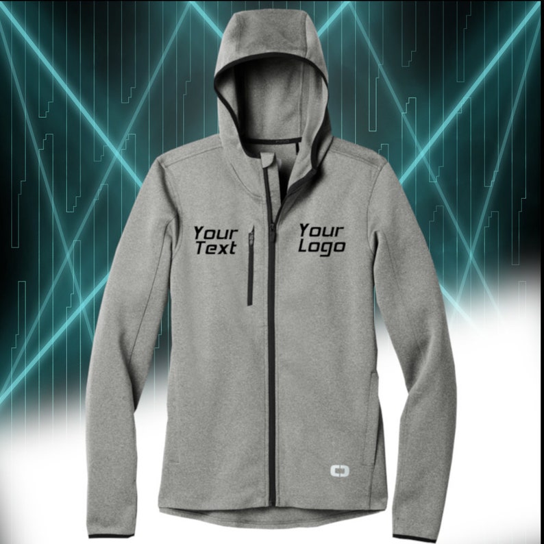 Puede incluir: Una sudadera con capucha gris con ribetes negros y una cremallera negra. La sudadera tiene una capucha con cord&oacute;n. El texto "Your Text" y "Your Logo" est&aacute; impreso en la parte delantera de la sudadera.