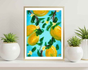 Puede incluir: Una pintura de un limonero con limones amarillos y flores blancas sobre un fondo azul.