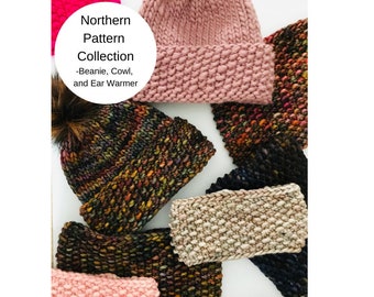 May include: A collection of knitted hats and ear warmers in various colours and patterns. The hats are made with a chunky yarn and have a textured stitch. The ear warmers are also made with a chunky yarn and have a simple stitch. The collection is called "Northern Pattern Collection - Beanie, Cowl, and Ear Warmer".