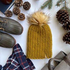 Women&#39;s Yellow Wool Hat | Hand Knit Yellow Beanie | Yellow Pom Pom Toque