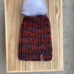 Women&#39;s Variegated Red Wool Hat | Hand Knit Red Beanie | Red Pom Pom Toque | Chunky Knit Hat