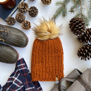 Women&#39;s Orange Wool Hat | Hand Knit Orange Beanie | Orange Pom Pom Toque | Women&#39;s Orange Wool Winter Hat | Outdoor Gift Idea for Women
