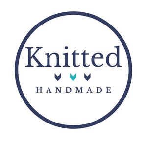 May include: A navy blue circle with the word "Knitted" in white text and the words "HANDMADE" in white text below. Three small teal arrows are centered between the words.