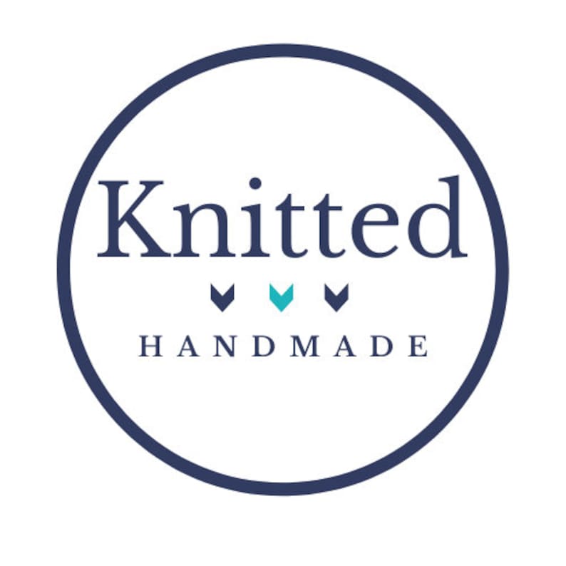 May include: A navy blue circle with the word "Knitted" in white text and the words "HANDMADE" in white text below. Three small teal arrows are centered between the words.