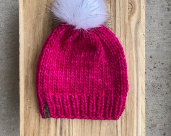 Women's Hot Pink Merino Wool Hat | Hand Knit Pink Beanie | Pink Pom Pom Toque