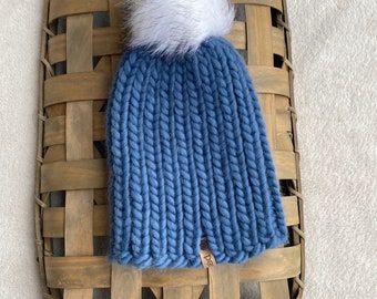 Women's Blue Wool Hat | Hand Knit Blue Beanie | Blue Pom Pom Toque