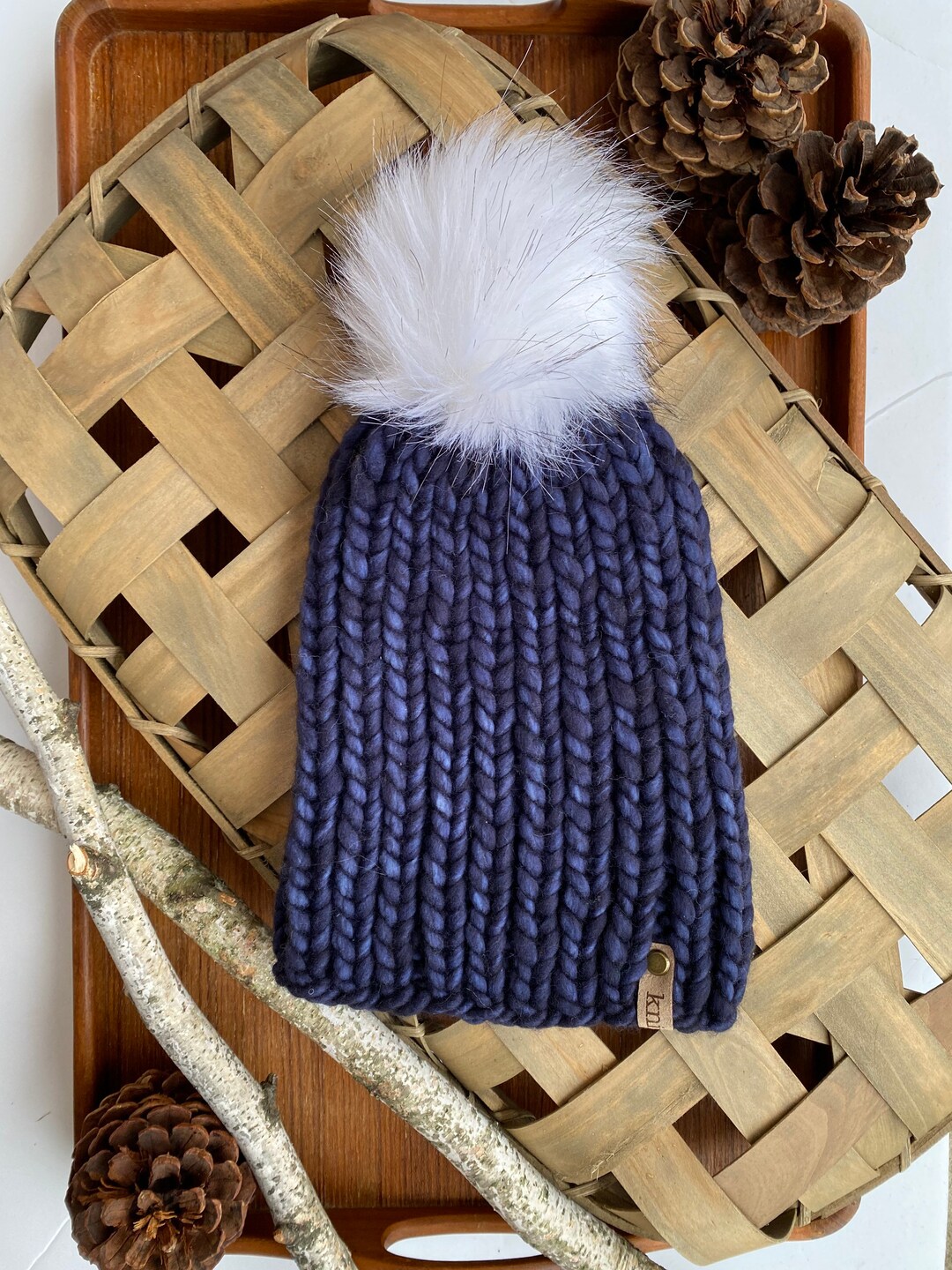 Women's Navy Merino Wool Winter Hat Navy Blue Pom Pom Etsy