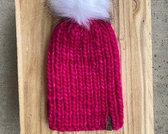 Women's Hot Pink Merino Wool Hat | Hand Knit Pink Beanie | Pink Pom Pom Toque | Hot Pink Winter Hat