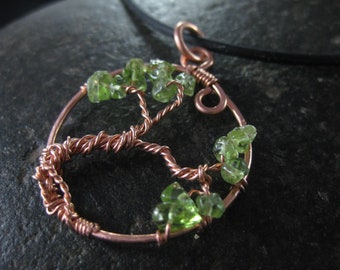 Copper and peridot tree of life pendant